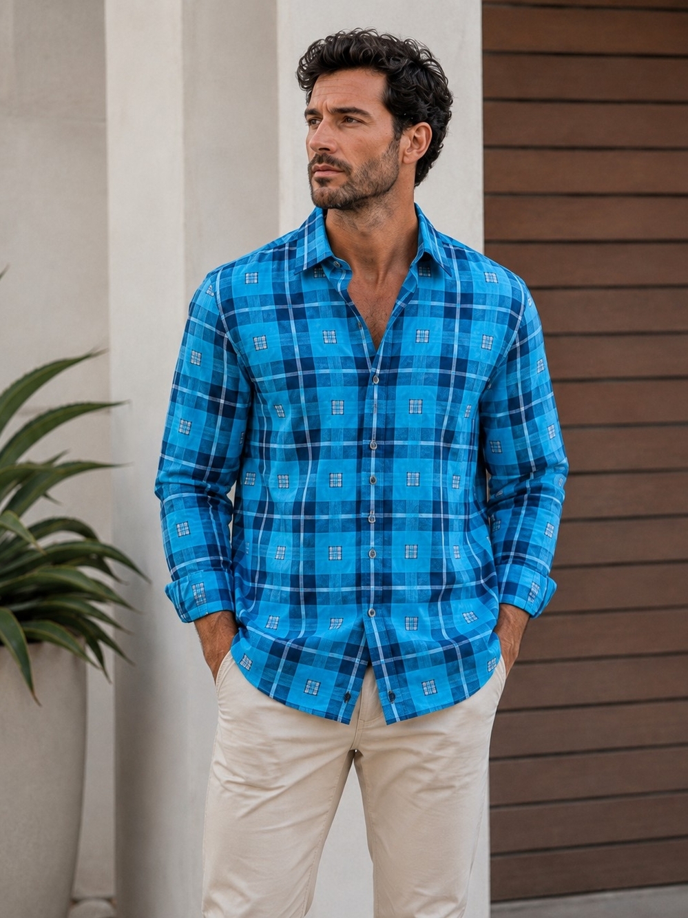 Tasso Elba Men's Blue Plaid Geometric Cotton Button Down Shirt Size L